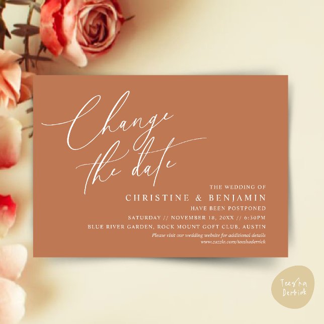 Alterar a data, Guardar o novo cartão de data de c (Change the date, Save our new wedding date modern romantic card in Copper Brown)
