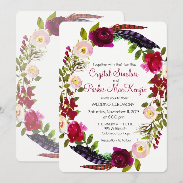 ALTERAR COR - Convite de Casamento Floral Borgonha (Frente/Verso)