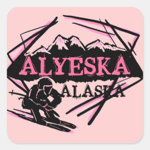 Alyeska Alaska - adesivos rosa-esquiadores