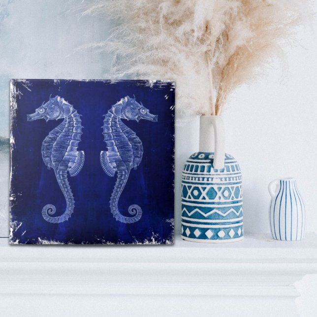 amante da praia cavalos-marinhos azuis do oceano l (beach lover coastal ocean blue seahorses ceramic tile)