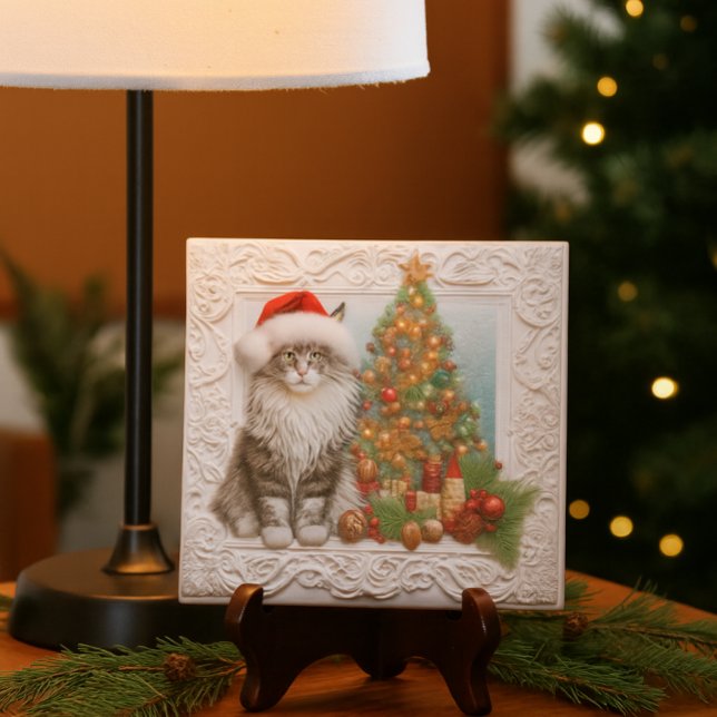 Amantes de Gatos Natal Em Relevo  (Festive ceramic tile with Santa cat and tree perfect for holiday desks, gifts, and cozy décor.)