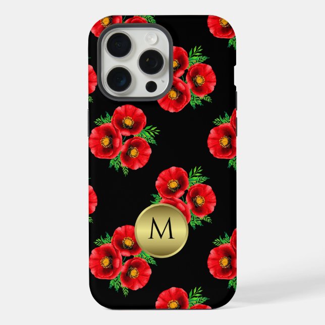 Amapolas Florais Pretas e Vermelhas Monogramadas (Verso)