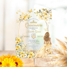 Amarela Floral Tiara Dourada Borboletas Quinceañer