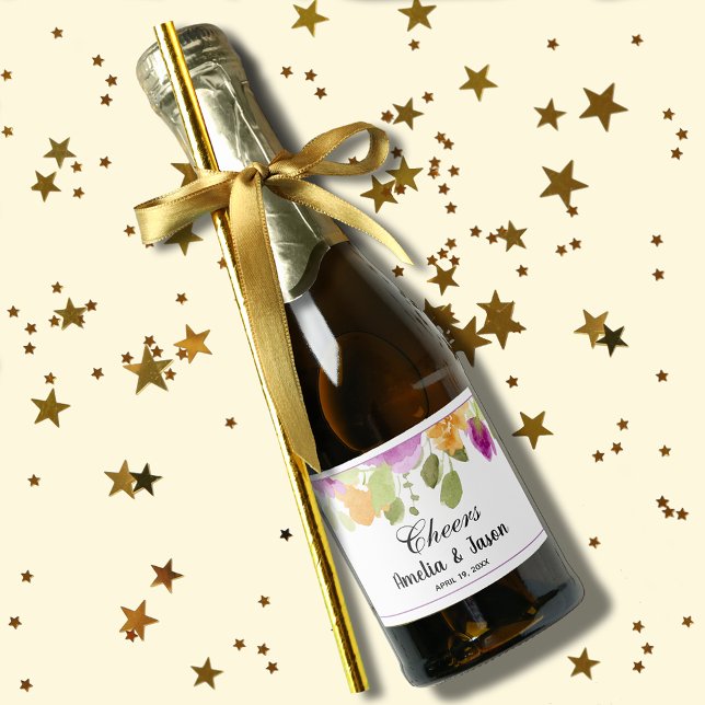 Amarelo Amarelo Elegante Mini (Purple and yellow watercolor floral mini champagne bottle label for favors or serve to guests)