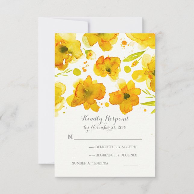 amarelo-aquarela flores românticas casamento RSVP (Frente)