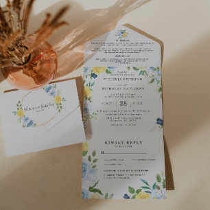 Amarelo & Azul Marinho Floral de Verão Casamento