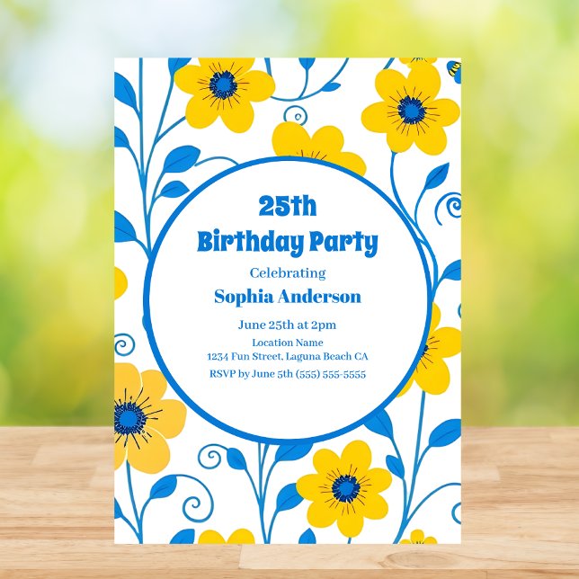 Amarelo-Manteiga e Florais Azuis - Convite de Aniv (Butter Yellow and Blue Florals-Birthday Invitation in White)