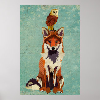 Amber Fox & Owl Art Poster