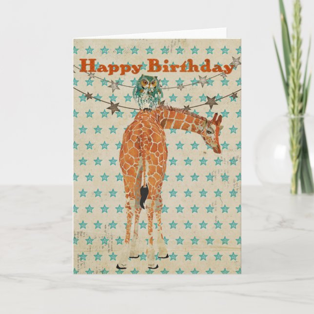 Amber Giraffe & Teal Owl - Cartão de Aniversário (Frente)