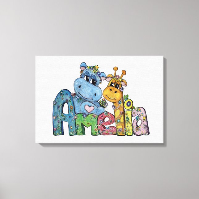 Amelia Canvas Name Art Giraffe Hippo Bedroom Decor (Frente)
