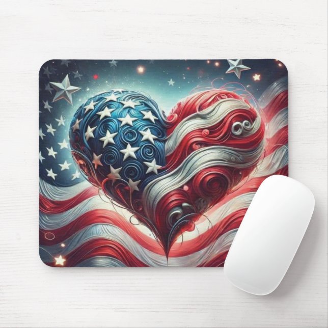 American Flag Heart Mouse Pad – Patriotic Desktop  (Com mouse)