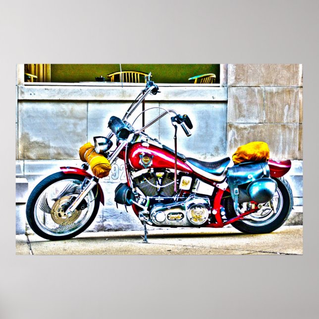 American Motorcycle Outside Cafe HDR Poster (Frente)