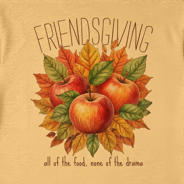 Amigos divertidos do Friendsgiving de outono e maç (Artistic Friendsgiving design with three apples nestled in colorful autumn leaves.)