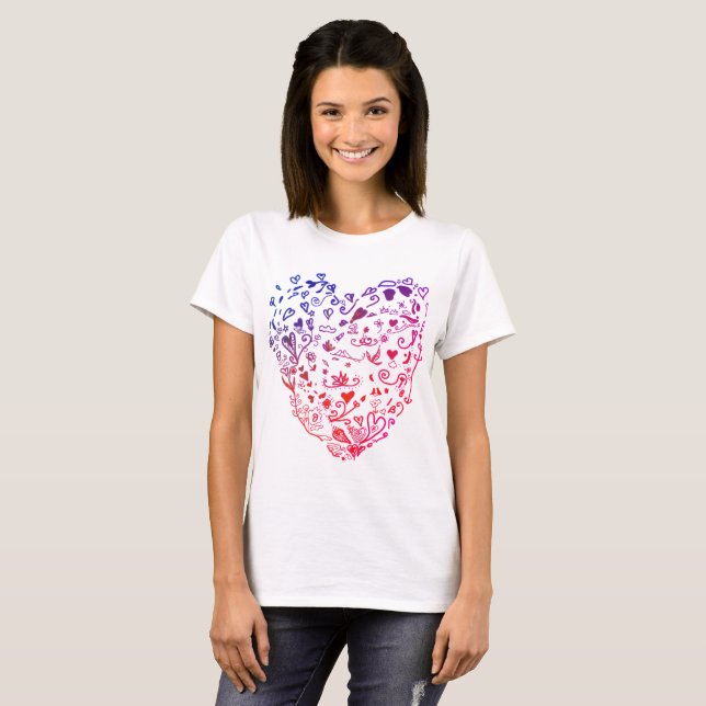 Amor, Corações Desenhando Camiseta Básica (Frente Completa)