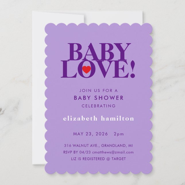 AMOR DE BEBÊ! Convite de chá de bebê roxo ousado (Frente)