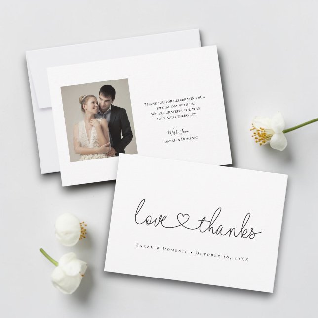 Amor e Agradecimento roteiro mínimo foto do coraçã (Minimal Love and thank heart script wedding photo thank you small note card.)