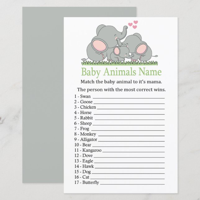 Amor Elefantes Bebê Animais Nome Jogo (Frente/Verso)
