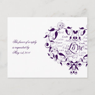 Amor em alguma língua no cartão roxo de RSVP