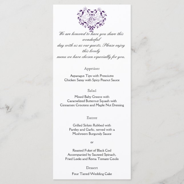 Amor em Qualquer Idioma no Menu Casamento Roxo (Frente)