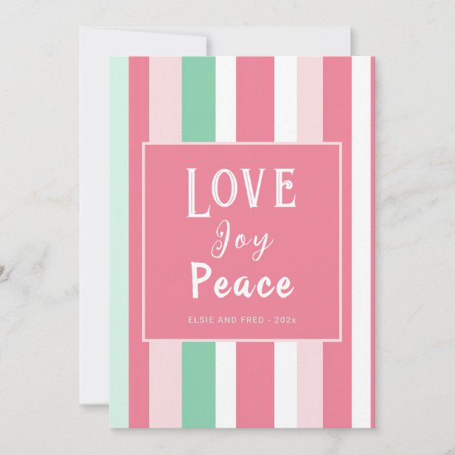 Amor Joy Peace Pink Mint Strips Cartão de Natal (Frente)