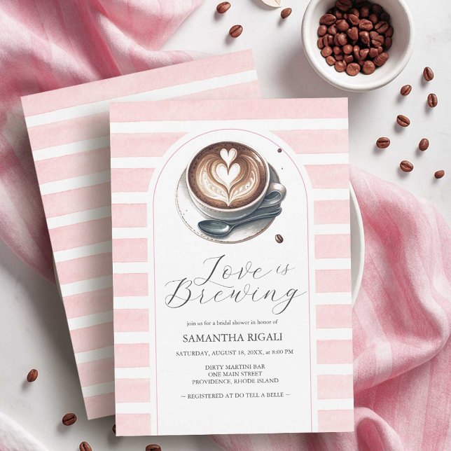 Amor Rosa É Criar Convites de chá de panela (pink love is brewing coffee bridal shower theme invitations on sale @ small business do tell a belle)