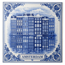 Amsterdam canal houses Delft Blue style tile