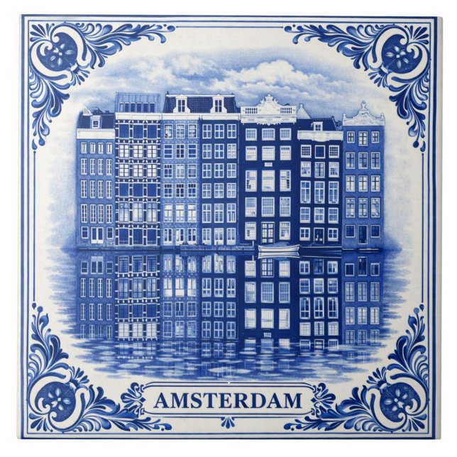 Amsterdam canal houses Delft Blue style tile (Frente)