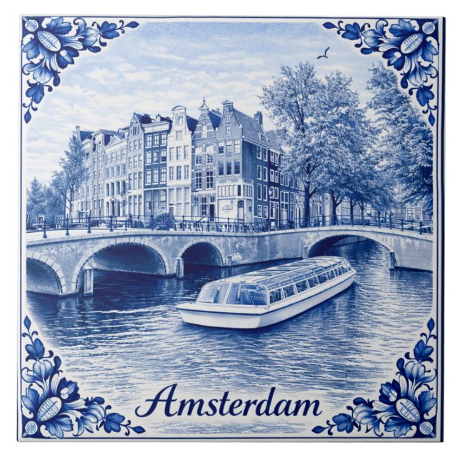 Amsterdam canal houses Delft Blue style tile (Frente)