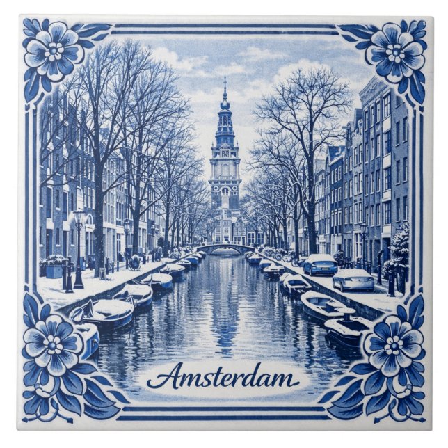 Amsterdam canal winter Delft Blue style tile (Frente)