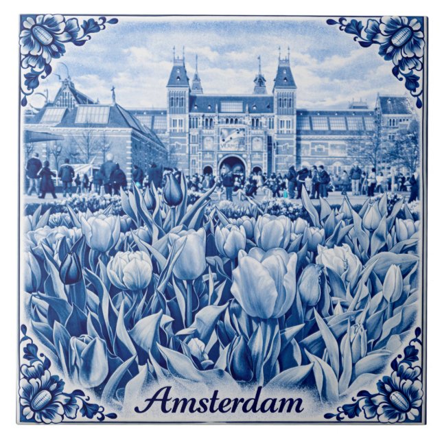 Amsterdam tulips Delft Blue style tile (Frente)
