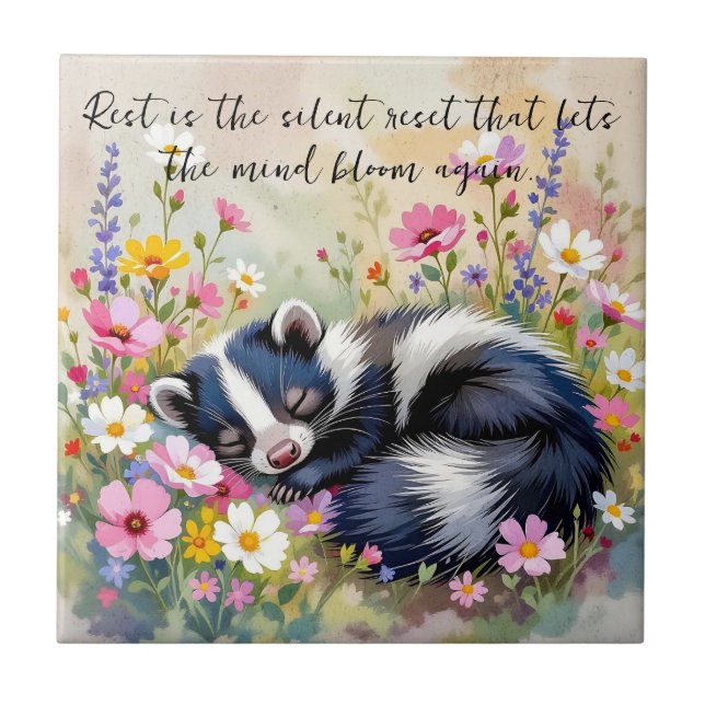 An Adorable Skunk Napping in Flowers and Quote (Frente)