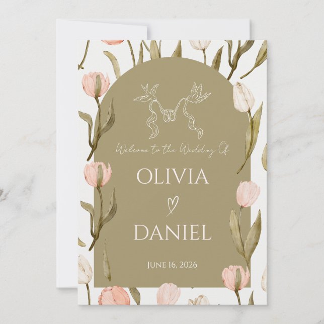An elegant wedding invitation in olive green    (Frente)