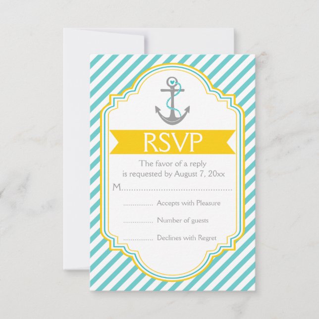 Anchor aqua, RSVP de casamento náutico amarelo (Frente)
