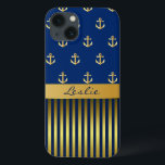 Anchors and Stripes Samsung Nota 4 Case<br><div class="desc">Na moda Samsung Nota 4 feita com gráficos de âncoras douradas sobre fundo azul, na metade superior do gabinete. O fundo do gabinete tem um padrão de riscas douradas e azuis, com uma banda dourada, ao longo do meio. Personalize o texto azul escuro, na banda do ouro, para você mesmo...</div>