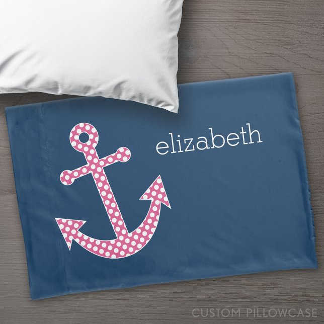 Âncora de Bolinhas rosa com nome personalizado do  (Custom Pillowcase)