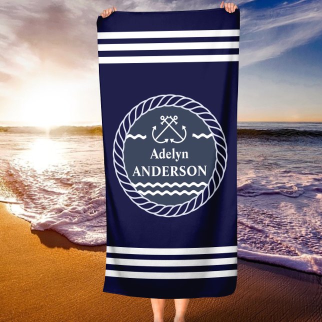 Âncora do marinho e toalha de praia personalizada  (Navy Anchor and Rope Personalized Beach Towel)