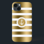 Âncora Náutica das faixas Douradas e brancas monog<br><div class="desc">Os tons de ouro design modernos e elegantes listram-se sobre fundo branco. Âncora náutica branca. Monograma personalizável e opcional.</div>