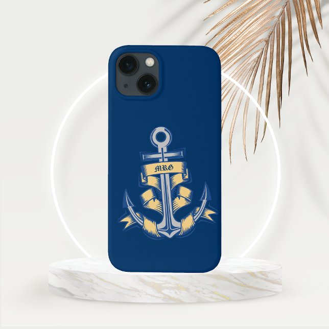 Âncora Personalizada com Fita no Azul (Personalized Ribbon Anchor on an Azure Background Nautical Theme Phone Case)