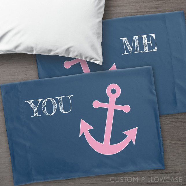 Âncora rosa e Marinho com nomes personalizados (Custom Pillowcase)
