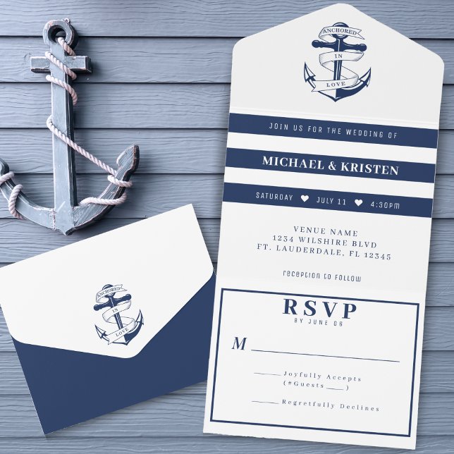 Ancorado no Casamento de Âncora Branca e Azul (Anchored in Love White & Blue Anchor Wedding All In One Invitation
)