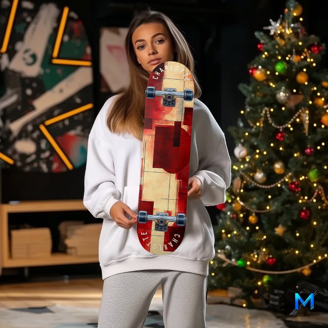 Andar de skate geométrico abstrato vermelho e bege (Criador carregado)