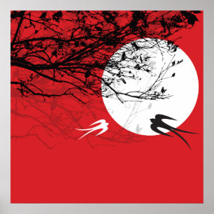 Andorinhas orientais no poster do vermelho do zen