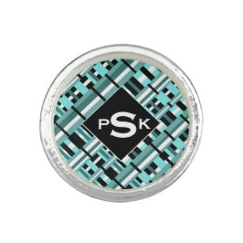 Anel Xadrez monograma em Aqua, Teal, Preto e Branco