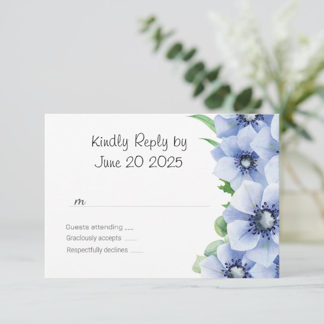 Anêmona Azul e Eucalipto RSVP Casamento (Em pé/Frente)