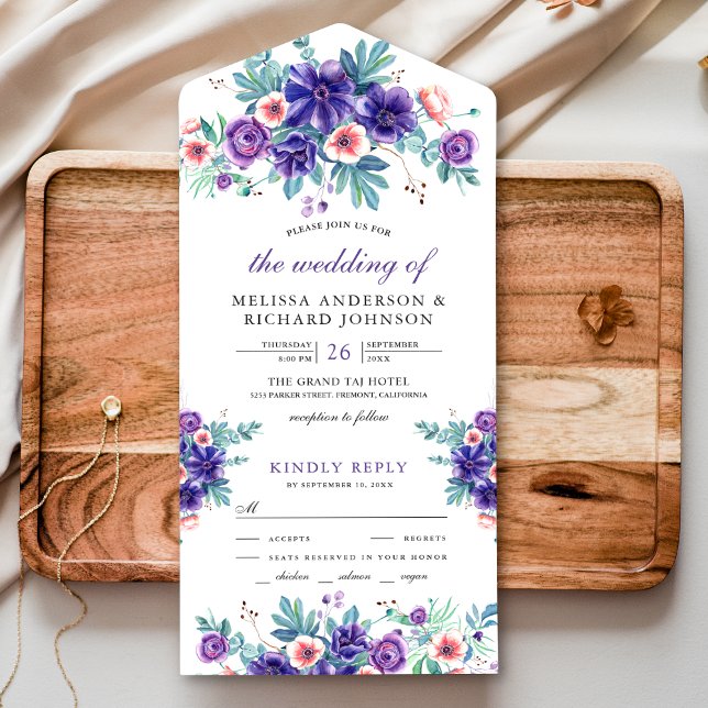 Anêmonas Roxas Aquarela Rústica Casamento (Criador carregado)