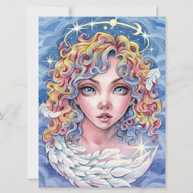 Angel Eyes Fantasy Girl Wings Stars Art Card (Frente)