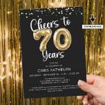 Anima-te a 70 anos Balões Confetti Convite<br><div class="desc">Celebrar um 70 de aniversário com estes convites de festas elegantes e festivos com o título CHEERS TO 50 ANOS com números falsos de balões metálicos de ouro e tipografia moderna da escrita e confetti na sua escolha de cor de fundo (mostrada a preto). ASSISTÊNCIA: para obter ajuda com a...</div>