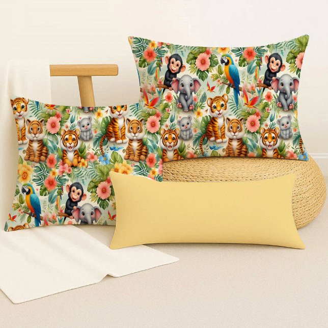 Animais Bebês da Selva Almofada de Lançar Tropical (Baby Jungle Animals Cute Tropical Throw Pillow)