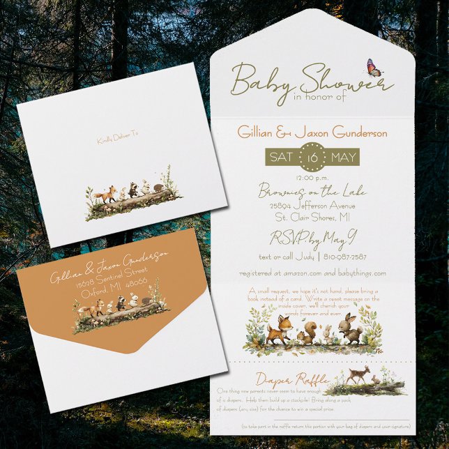 Animais da Floresta Chá de Bebê (All-in-one baby shower invitation with whimsical woodland animals from Night and Day Designs)