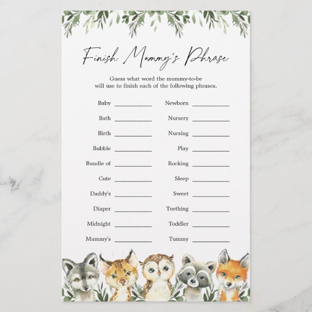 Animais da Floresta Chá de fraldas Acabam a frase  (Frente)